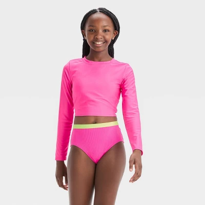 Girls' 3pc Ribbed Colorblock Cropped Rash Guard Swimwear Set - Art Class™ Pink 6 Girls' 3pc Ribbed Colorblock Cropped Rash Guard Swimwear Set - Art Class™ Pink - Image 4