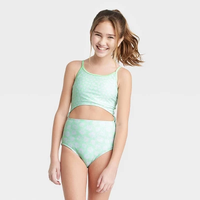 Girls' Floral Printed One Piece Swimsuit - Art Class™ Green 5 Girls' Floral Printed One Piece Swimsuit - Art Class™ Green - Image 3