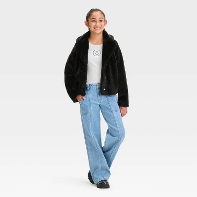 Girls' Faux Fur Jacket - Art Class™ Black 4 Girls' Faux Fur Jacket - Art Class™ Black - Image 2