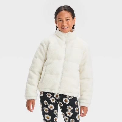Girls' Solid Fleece Cropped Puffer Jacket - Art Class™ 5 Girls' Solid Fleece Cropped Puffer Jacket - Art Class™ - Image 3