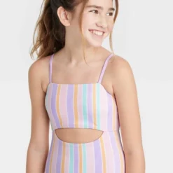 Girls' Pastel Printed Striped One Piece Swimsuit - Art Class™