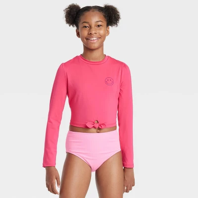 Girls' Smiley Face Long Sleeve Rash Guard Swim Top - Art Class™ Pink 5 Girls' Smiley Face Long Sleeve Rash Guard Swim Top - Art Class™ Pink - Image 3