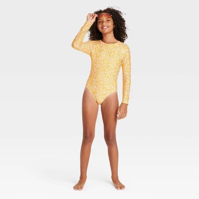Girls' Ditsy Meadow Rash Guard One Piece Swimsuit - Art Class™ Yellow 4 Girls' Ditsy Meadow Rash Guard One Piece Swimsuit - Art Class™ Yellow - Image 2