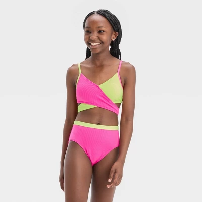 Girls' 3pc Ribbed Colorblock Cropped Rash Guard Swimwear Set - Art Class™ Pink 3 Girls' 3pc Ribbed Colorblock Cropped Rash Guard Swimwear Set - Art Class™ Pink