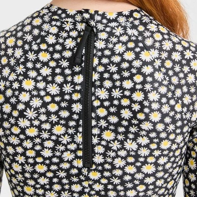 Girls' 'Dozens Of Daisies' Floral Printed One Piece Rash Guard Swimsuit - Art Class™ Black 3 Girls' 'Dozens Of Daisies' Floral Printed One Piece Rash Guard Swimsuit - Art Class™ Black