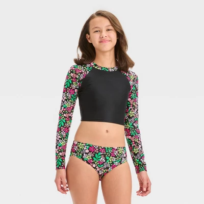 Girls' Floral Printed Rash Guard Set - Art Class™ Black 6 Girls' Floral Printed Rash Guard Set - Art Class™ Black - Image 4