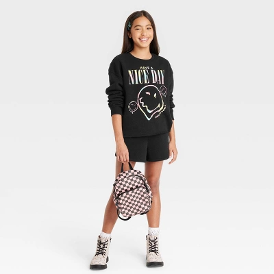 Girls' Smiley Cropped Crewneck Sweatshirt - Art Class™ Black 4 Girls' Smiley Cropped Crewneck Sweatshirt - Art Class™ Black - Image 2