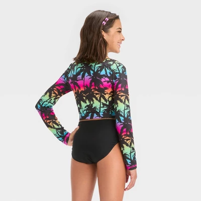 Girls' Tropical Ombre Design Rash Guard Swim Top - Art Class™ Black 4 Girls' Tropical Ombre Design Rash Guard Swim Top - Art Class™ Black - Image 2