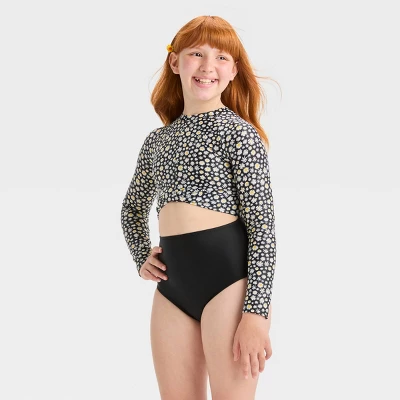 Girls' 'Dozens Of Daisies' Floral Printed One Piece Rash Guard Swimsuit - Art Class™ Black 5 Girls' 'Dozens Of Daisies' Floral Printed One Piece Rash Guard Swimsuit - Art Class™ Black - Image 3