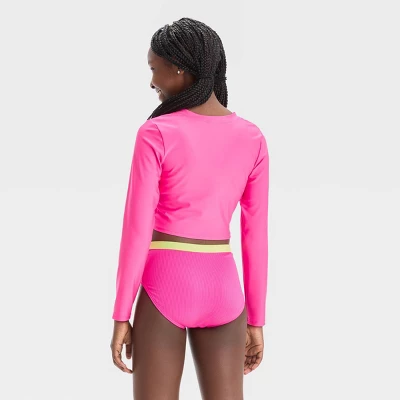 Girls' 3pc Ribbed Colorblock Cropped Rash Guard Swimwear Set - Art Class™ Pink 5 Girls' 3pc Ribbed Colorblock Cropped Rash Guard Swimwear Set - Art Class™ Pink - Image 3